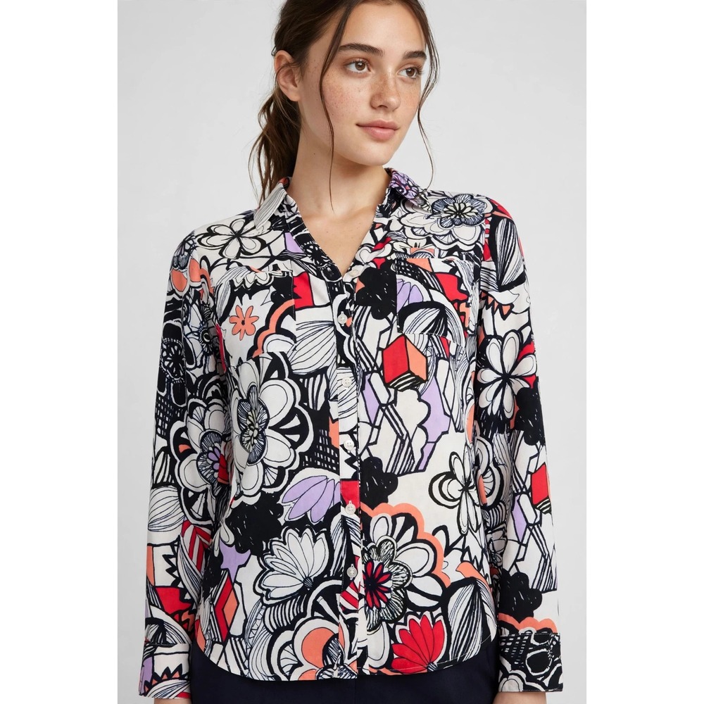 Express Portofino Shirt XS Floral Blouse Roll Tab Sleeve Colorful Office Top